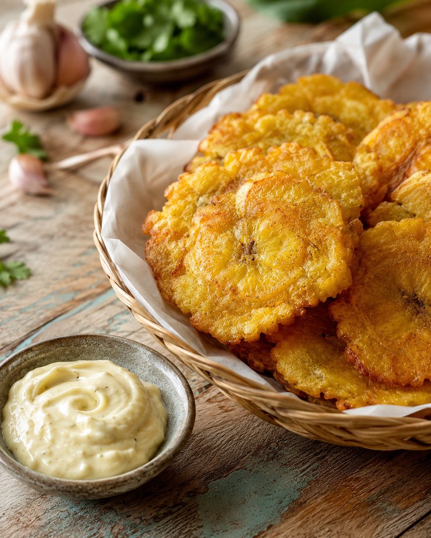 A basket of crispy fried plantains sits on parchment paper, with a small bowl of creamy dipping sauce nearby. Garlic and fresh herbs are scattered in the background on a rustic wooden table.