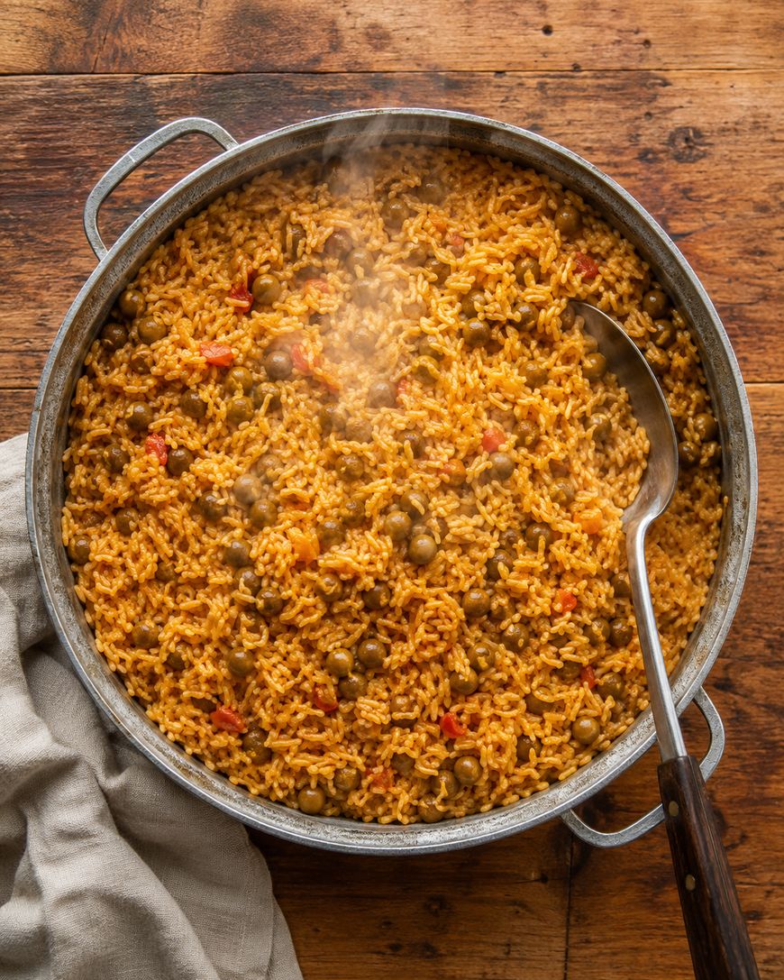 A large pot of cooked yellow rice with green peas and red bell peppers, with a serving spoon resting inside. Steam rises from the rice, and a beige cloth sits beside the pot on a wooden surface.