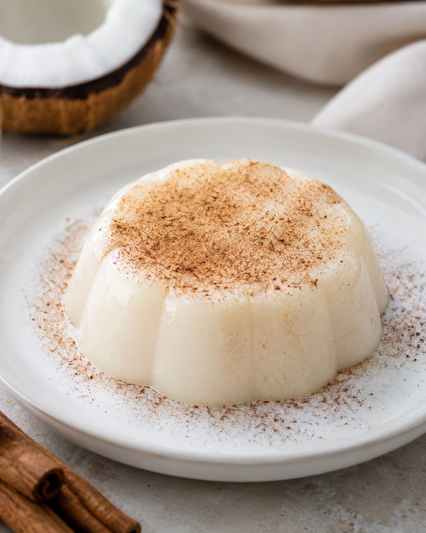 A white coconut pudding topped with cinnamon sits on a white plate. A coconut half and cinnamon sticks are nearby on the table.