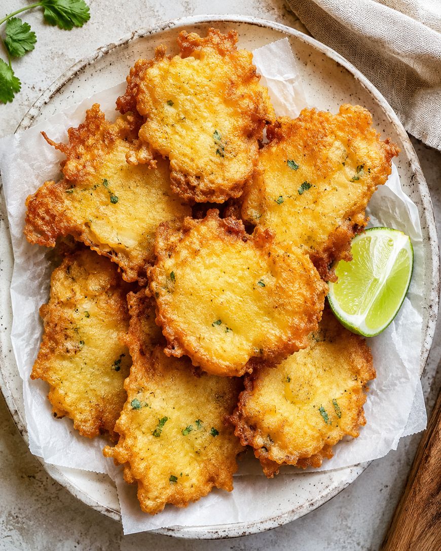 A plate of crispy, golden fritters garnished with herbs, served with a wedge of lime on the side, placed on parchment paper.