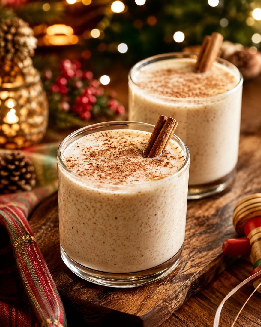 Two glasses of creamy eggnog topped with cinnamon and a cinnamon stick sit on a wooden board, surrounded by festive decorations and warm holiday lights in the background.