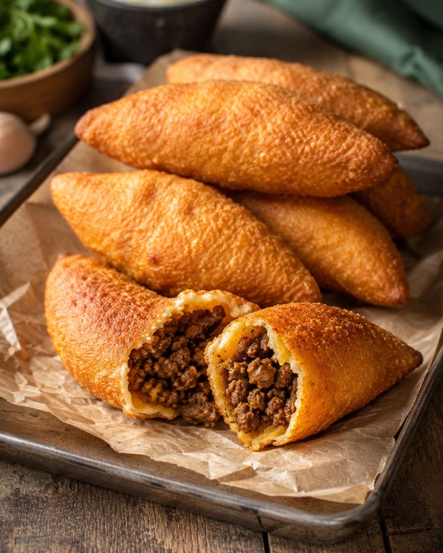 Six fried pastries filled with spiced ground meat are arranged on a baking tray, with one cut open to show the savory filling. The pastries sit on parchment paper, and the setting is rustic wooden.