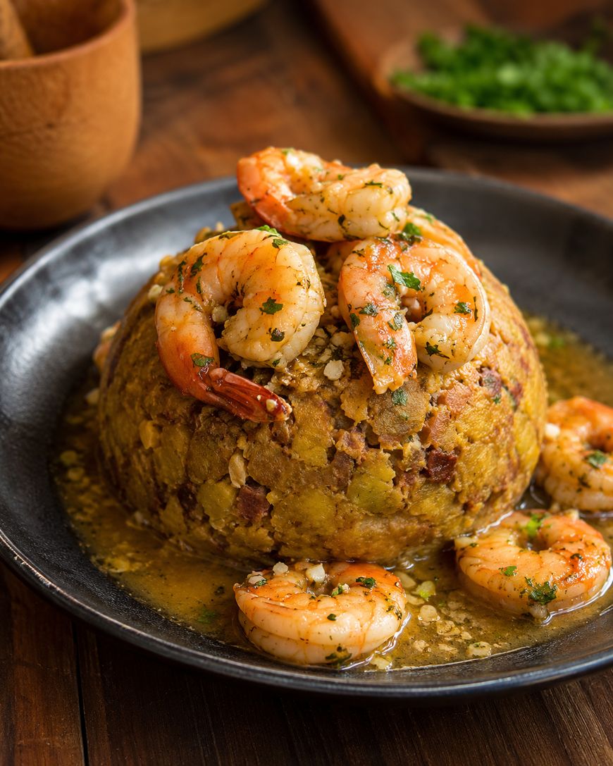 A black bowl with mofongo, a Puerto Rican dish made of mashed plantains, topped with sautéed shrimp and garnished with herbs and sauce.