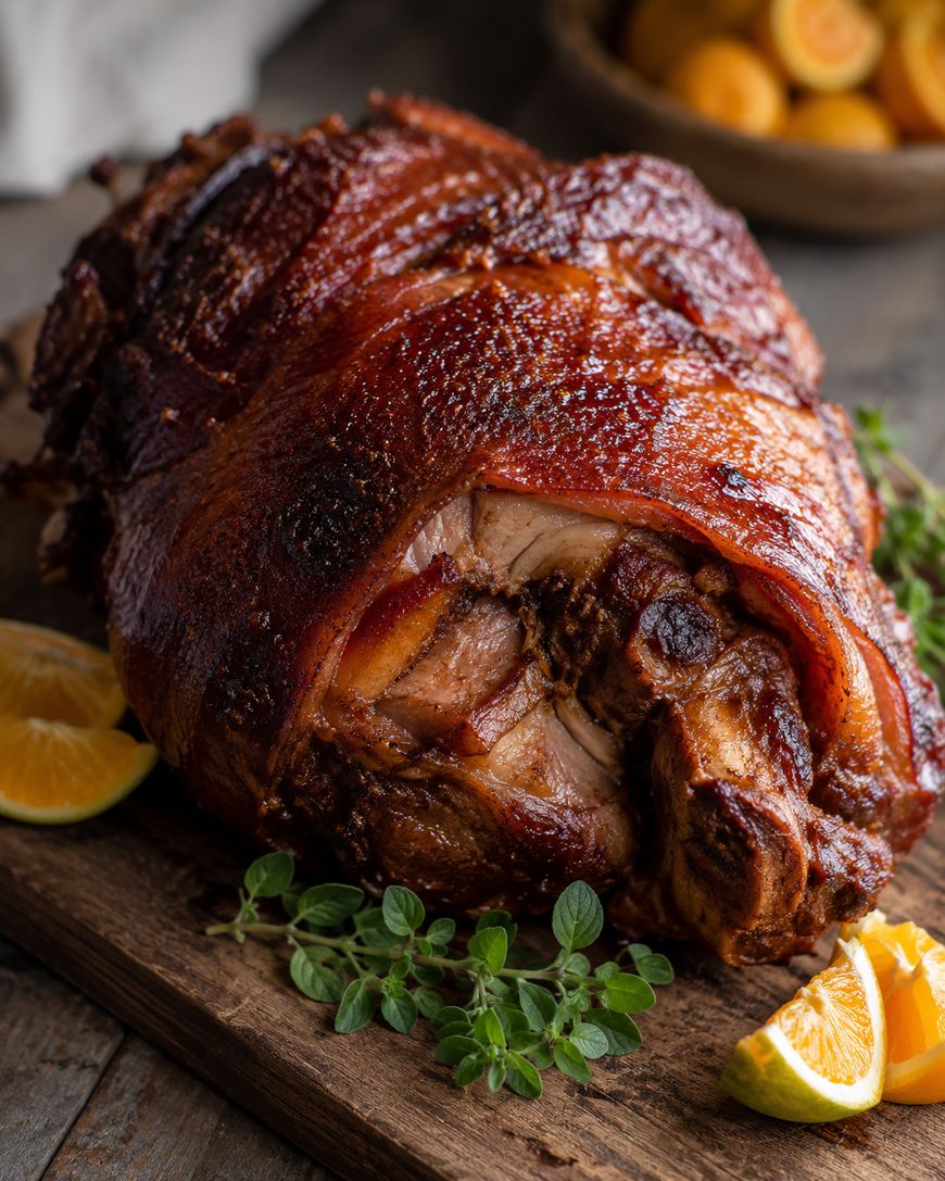 A roasted pork shoulder with crispy golden skin is served on a wooden board, garnished with fresh herbs and lemon wedges. A bowl of yellow fruit is blurred in the background.