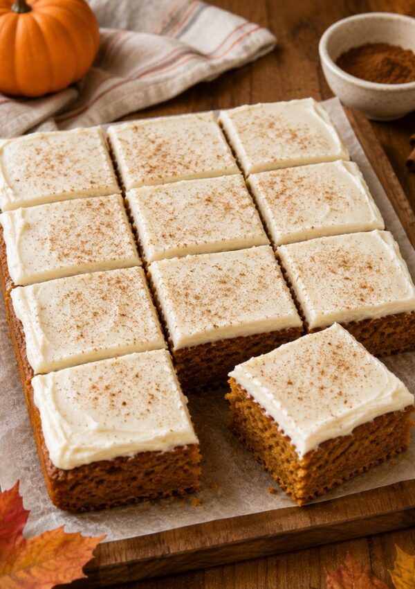 Nine pumpkin bars with cream cheese frosting and a sprinkle of cinnamon are arranged on parchment paper. One bar is pulled out. There’s a small pumpkin, a bowl of cinnamon, and autumn leaves nearby.