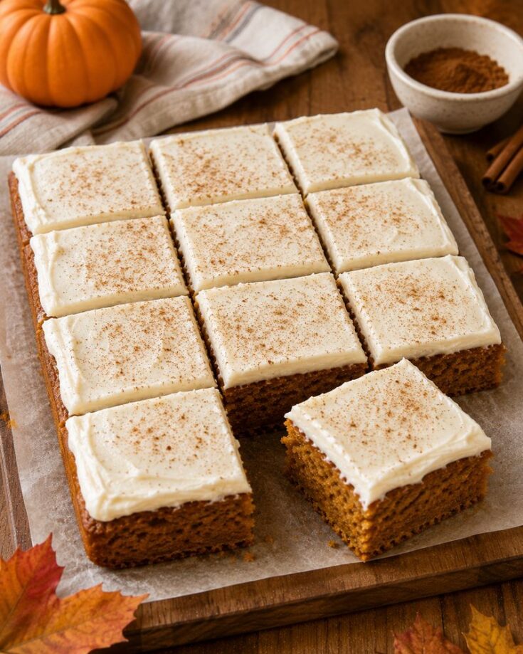 Nine pumpkin bars with cream cheese frosting and a sprinkle of cinnamon are arranged on parchment paper. One bar is pulled out. There’s a small pumpkin, a bowl of cinnamon, and autumn leaves nearby.