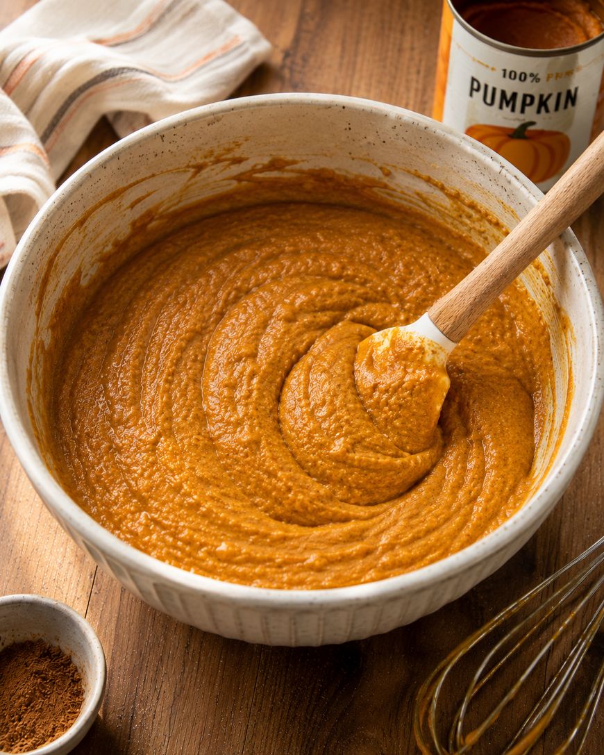 A bowl of pumpkin batter is being mixed with a wooden spoon. An open can of pumpkin, a whisk, a small bowl of spices, and a striped towel are nearby on a wooden table.