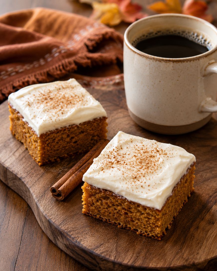 Two pumpkin bars topped with cream cheese frosting and cinnamon sit on a wooden board next to a cinnamon stick and a mug of black coffee, with a brown napkin and autumn leaves in the background.