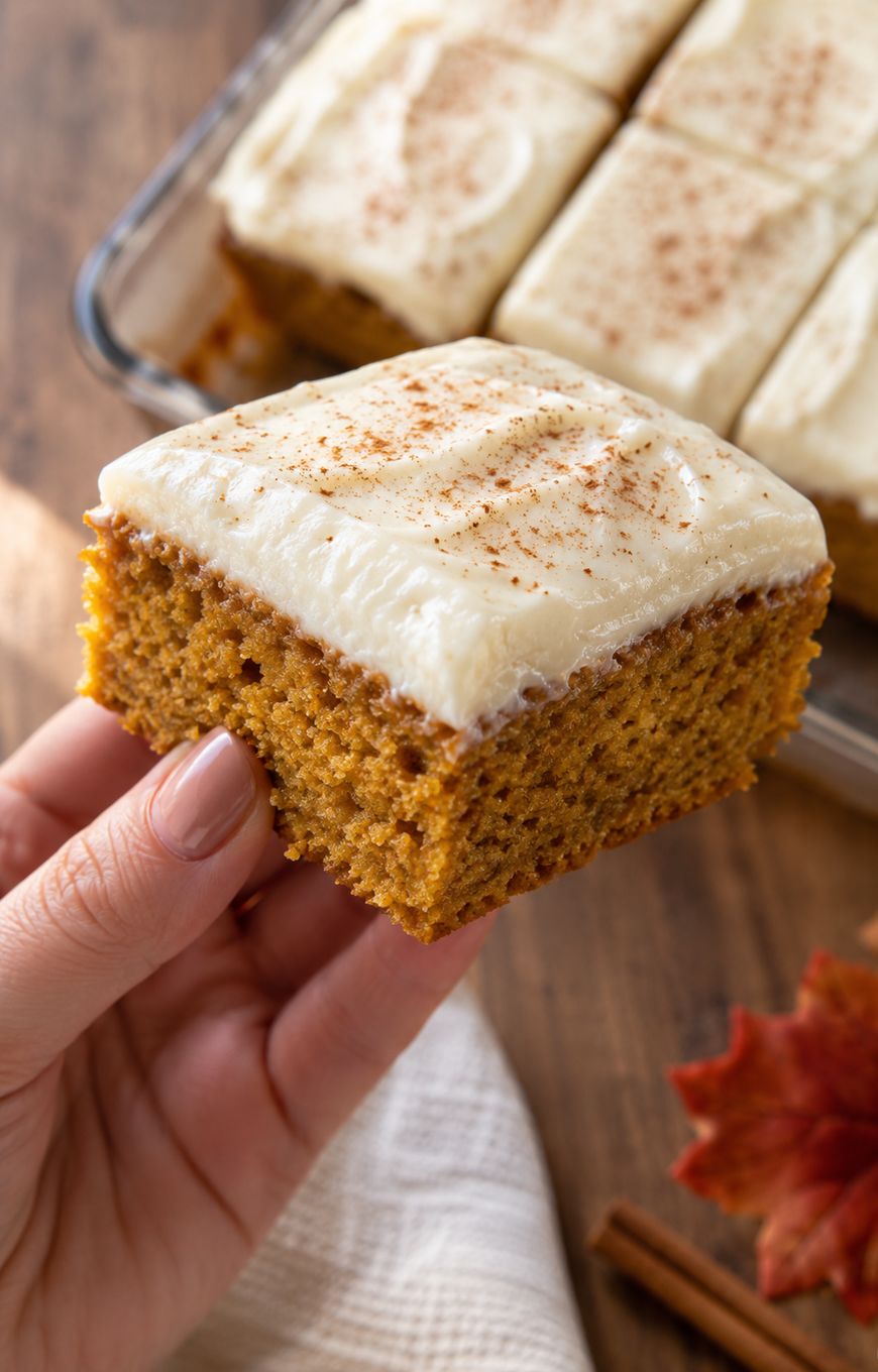 A hand holds a square slice of pumpkin cake topped with creamy frosting and a sprinkle of cinnamon. More frosted cake slices are in a baking dish in the background.