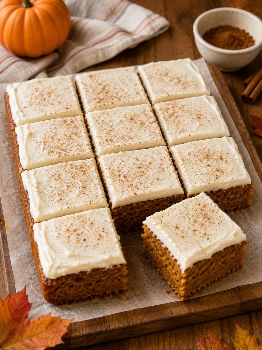 Nine pumpkin bars with cream cheese frosting and a sprinkle of spices are cut and arranged on parchment paper. A small pumpkin, bowl of cinnamon, napkin, and autumn leaves decorate the wooden table.