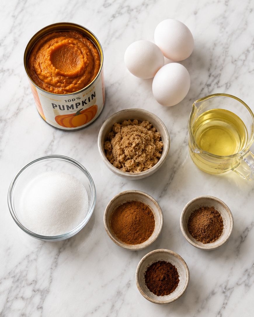 A can of pumpkin puree, three eggs, brown sugar, white sugar, oil, and four small bowls of spices are arranged on a marble countertop.