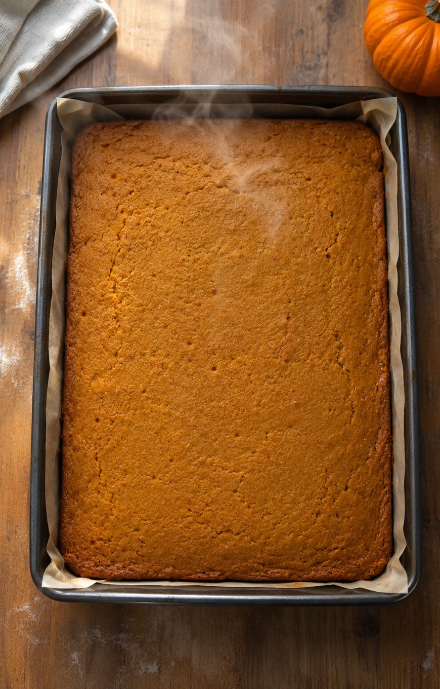 A freshly baked pumpkin cake in a rectangular pan lined with parchment paper, with visible steam rising on a wooden surface. A small pumpkin is seen in the upper right corner.