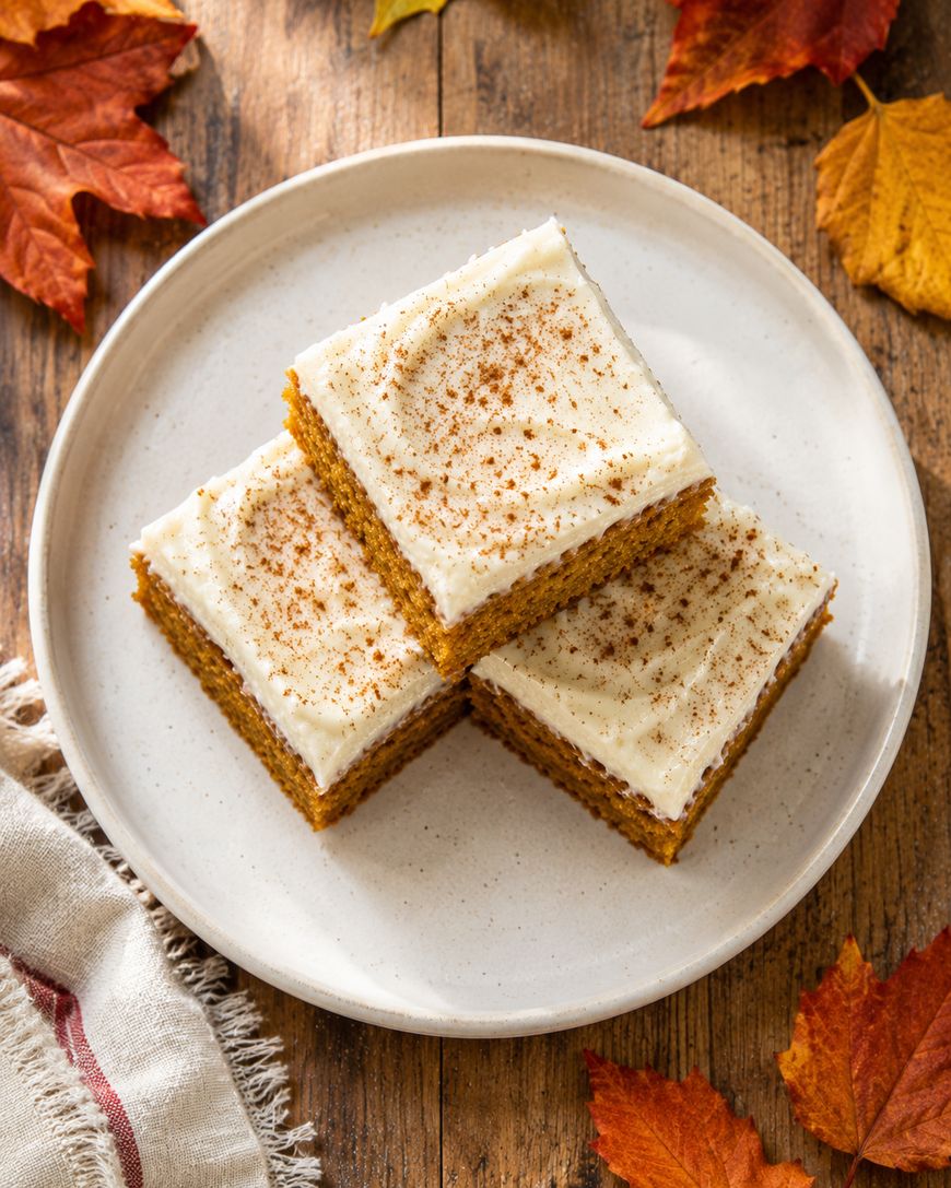 Three frosted pumpkin bars with cinnamon on top are arranged on a white plate. The plate sits on a wooden table decorated with autumn leaves and a beige cloth napkin.