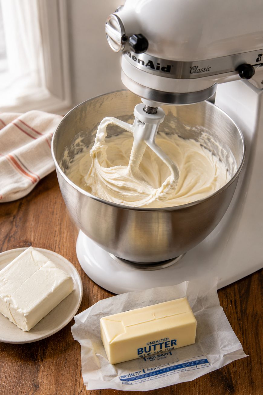 A stand mixer with creamy batter inside sits on a wooden counter next to a stick of unsalted butter and a block of cream cheese on a plate. A striped towel is in the background near a window.