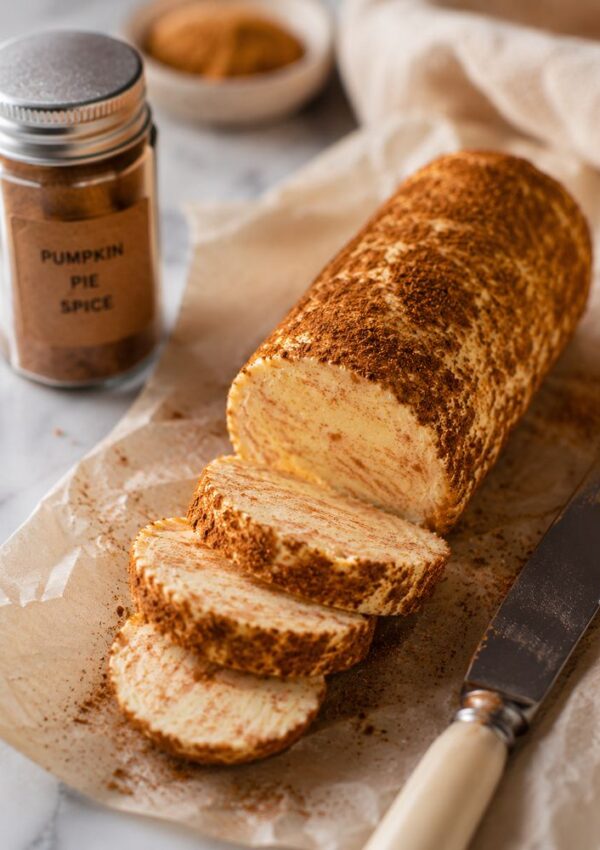 A sliced pumpkin spice cake roll on parchment paper with a jar labeled Pumpkin Pie Spice and a knife beside it, all set on a marble surface—perfect for anyone searching for the ideal pumpkin pie spice recipe to elevate their fall baking.