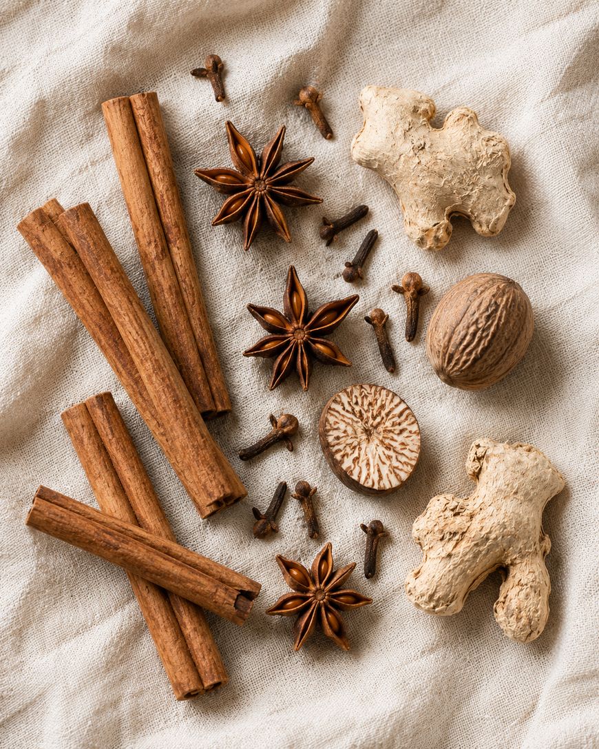 Cinnamon sticks, star anise, cloves, ginger roots, and whole nutmeg arranged on a beige fabric background.