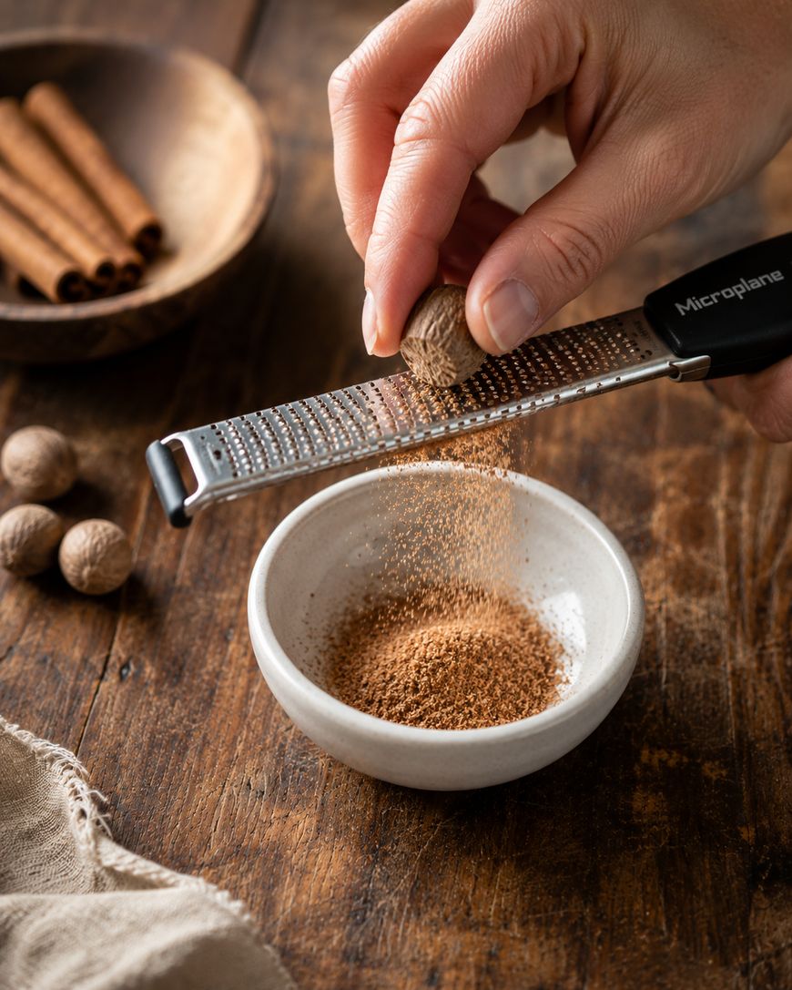A hand grates nutmeg over a small white bowl on a wooden table. Whole nutmegs and cinnamon sticks are nearby.