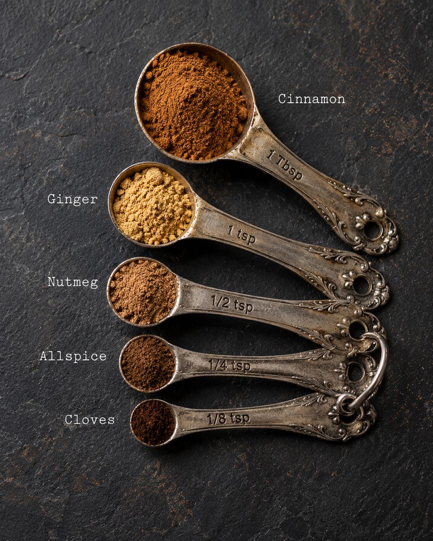 Five ornate measuring spoons with ground spices: cinnamon (1 Tbsp), ginger (1 tsp), nutmeg (1/2 tsp), allspice (1/4 tsp), and cloves (1/8 tsp) on a dark textured surface.