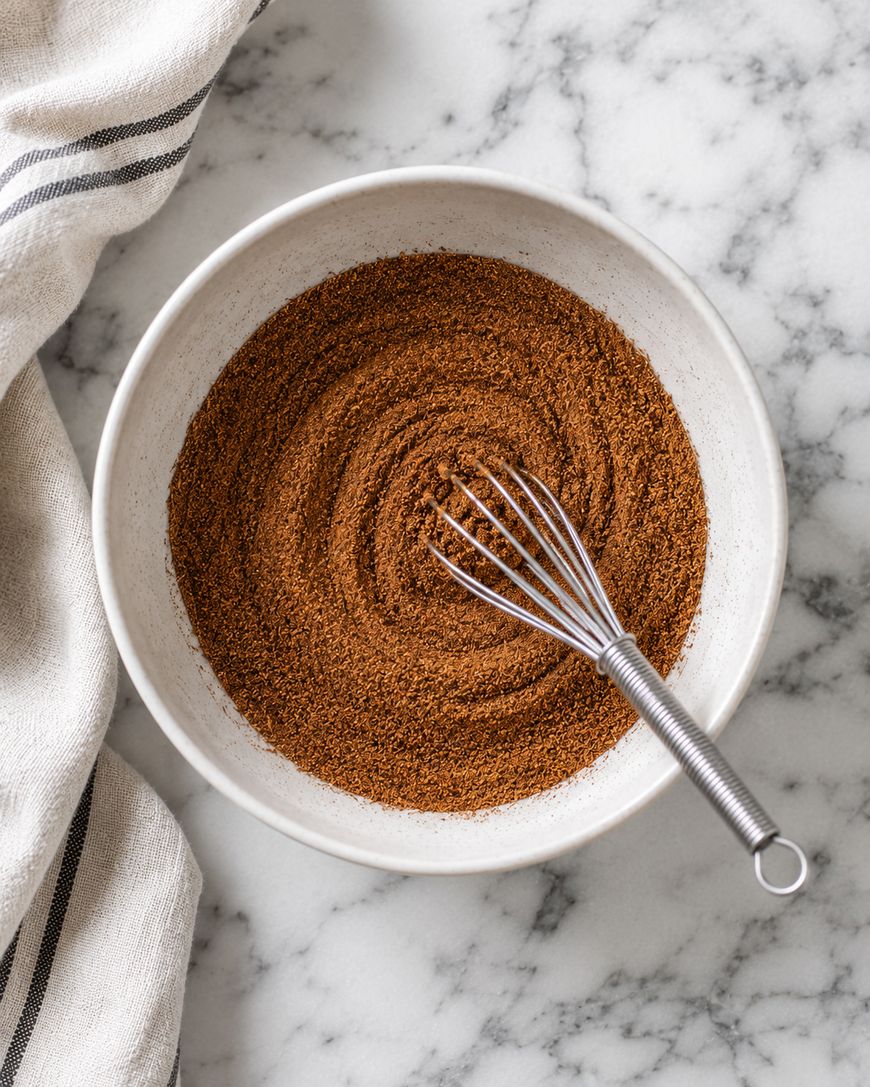 A white bowl filled with a brown powdered spice blend sits on a marble surface. A small metal whisk rests inside the bowl, and a white towel with black stripes is nearby.