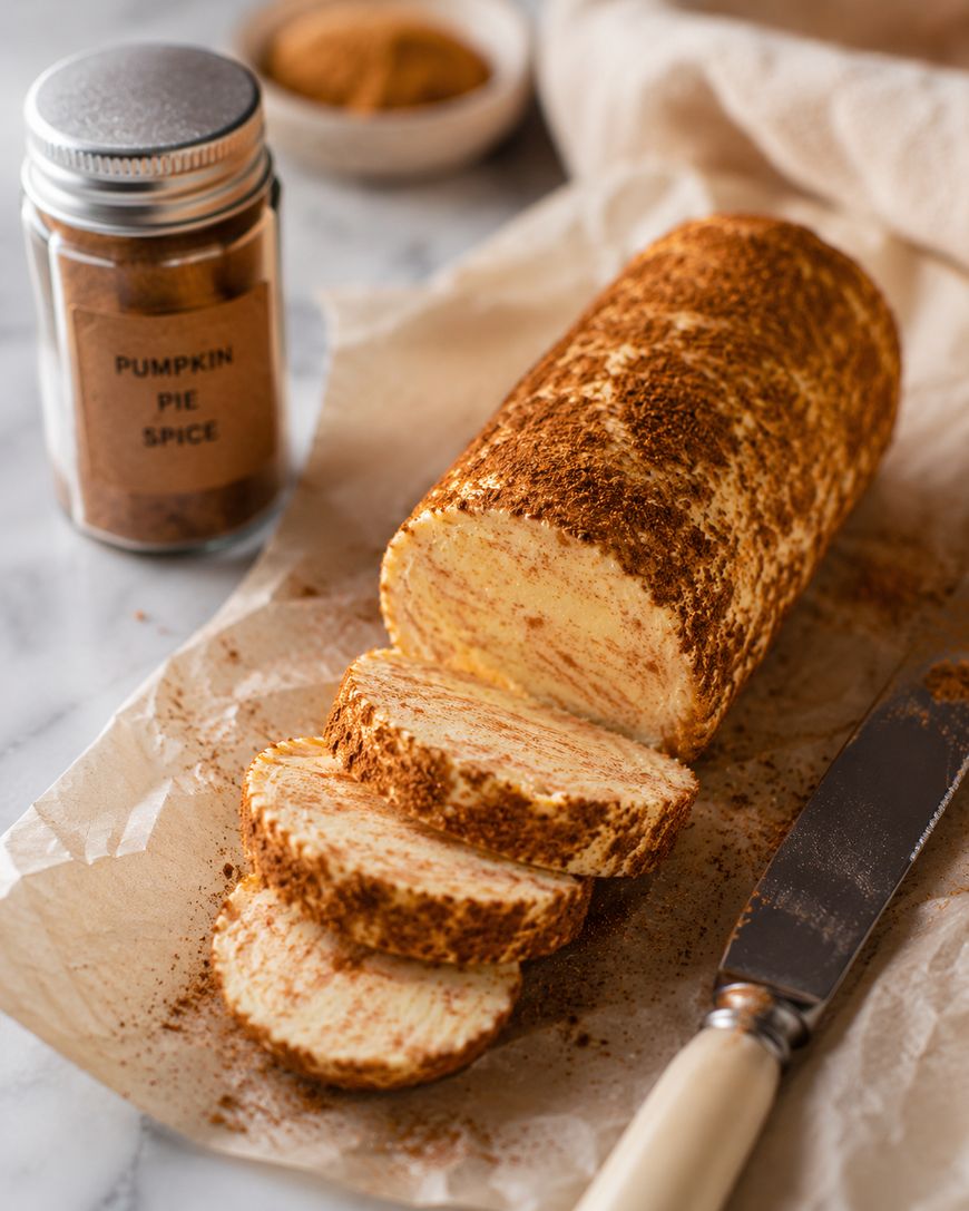 A log-shaped dessert, partially sliced, sits on parchment paper. Pumpkin pie spice is sprinkled on top, and a jar labeled Pumpkin Pie Spice is nearby, along with a knife and a small bowl in the background.
