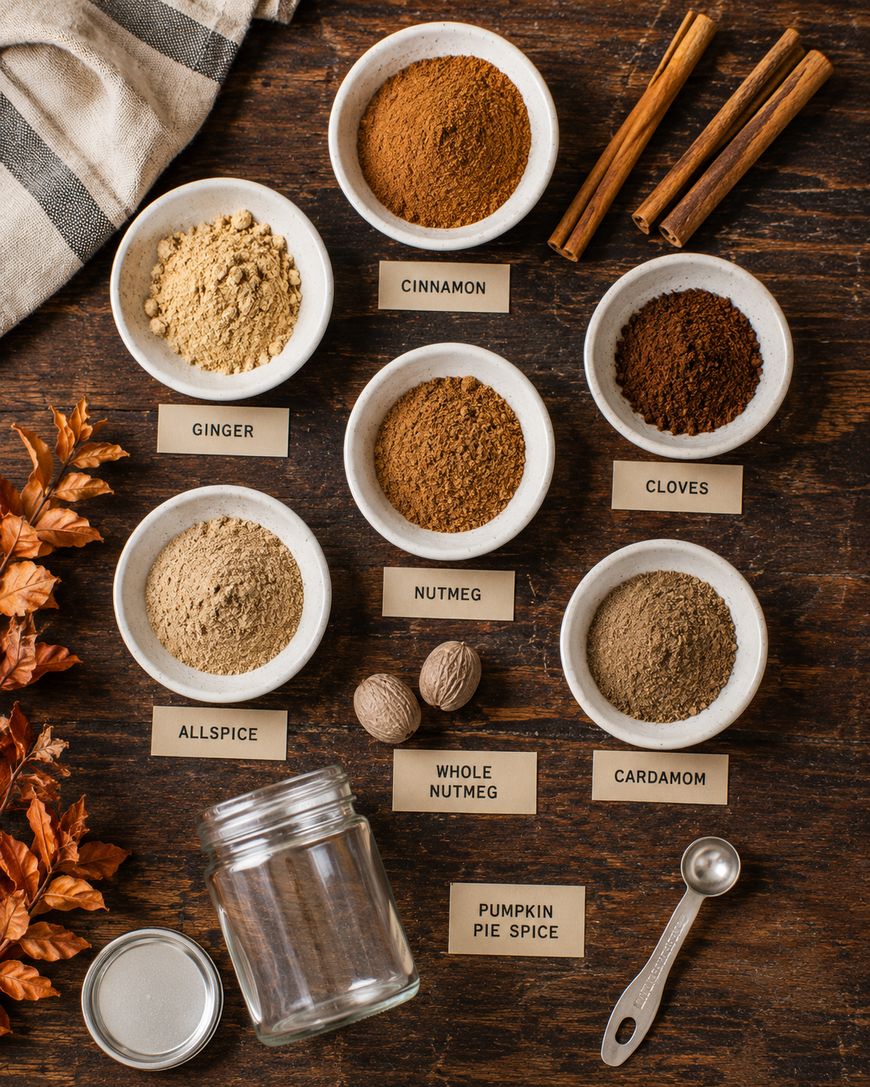 Seven labeled bowls of spices (ginger, cinnamon, cloves, allspice, nutmeg, cardamom), whole nutmeg, cinnamon sticks, an empty jar, a measuring spoon, and autumn leaves on a wooden surface.