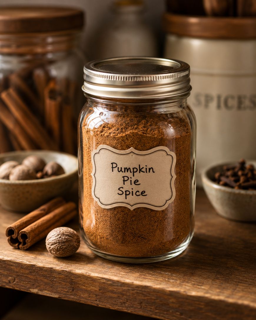 A glass jar labeled Pumpkin Pie Spice sits on a wooden shelf, surrounded by cinnamon sticks, nutmeg, and bowls of spices. The background includes more spice jars and rustic kitchen decor.