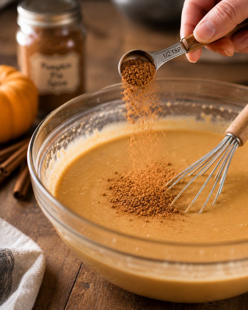 A hand sprinkles pumpkin pie spice from a measuring spoon into a glass bowl of batter with a whisk. A spice jar and a small pumpkin are in the background on a wooden table.