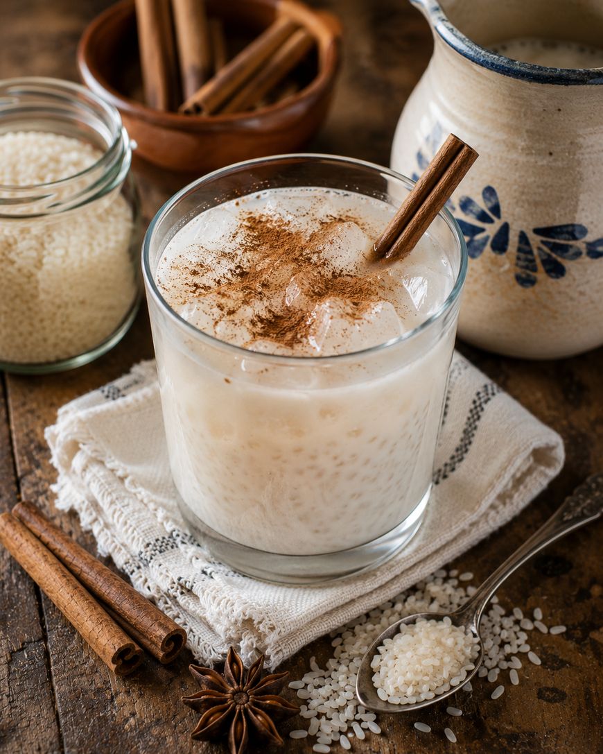 A glass of horchata with a cinnamon stick, sprinkled with ground cinnamon, sits on a cloth napkin. Surrounded by rice, star anise, cinnamon sticks, and a ceramic jug on a rustic wooden table.