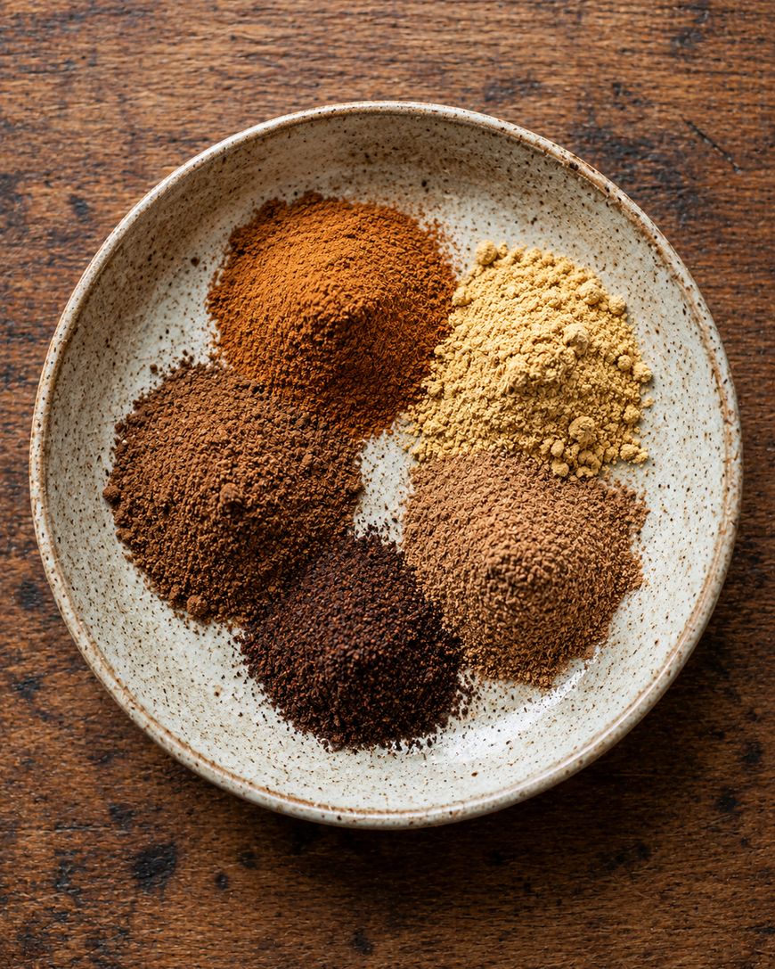 A ceramic bowl holds five small piles of different ground spices, arranged in a circle, on a wooden surface. The spices vary in color from yellow and brown to reddish and dark brown.