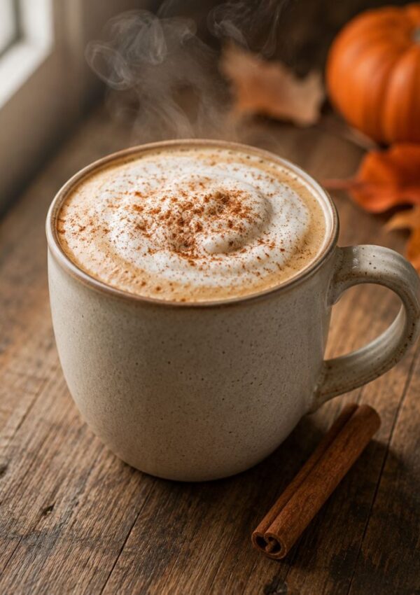 A mug of frothy latte topped with cinnamon sits on a wooden table beside a cinnamon stick, with a pumpkin and autumn leaves in the background. Steam rises from the drink, evoking the cozy flavors of a classic pumpkin spice latte recipe.