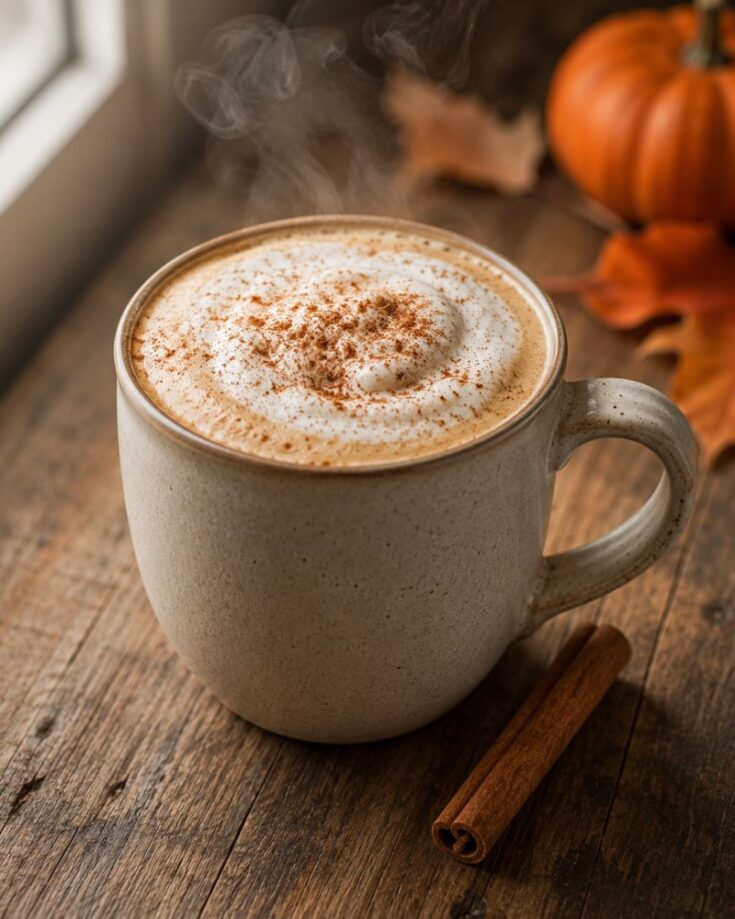 A mug of frothy latte topped with cinnamon sits on a wooden table beside a cinnamon stick, with a pumpkin and autumn leaves in the background. Steam rises from the drink, evoking the cozy flavors of a classic pumpkin spice latte recipe.