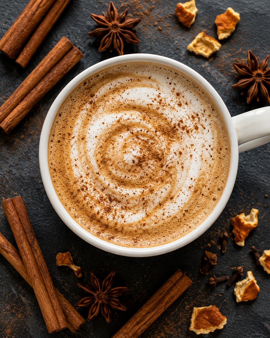 A cup of frothy coffee with a cinnamon swirl, surrounded by cinnamon sticks, star anise, dried orange peels, and cloves on a dark surface.