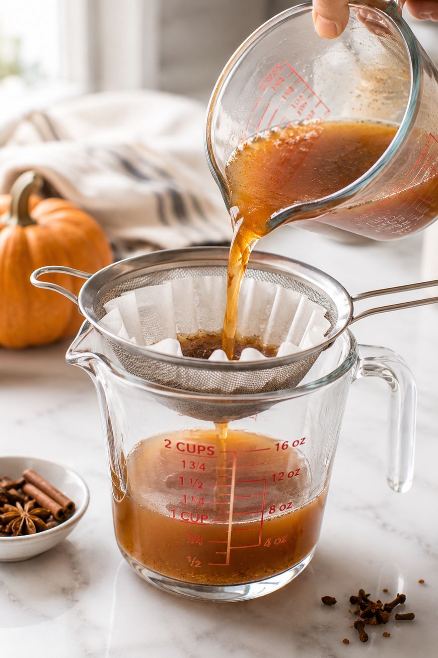 Liquid is being poured from a glass measuring cup through a filter and strainer into another measuring cup. A pumpkin, spices, and a striped cloth are visible in the background on a white surface.