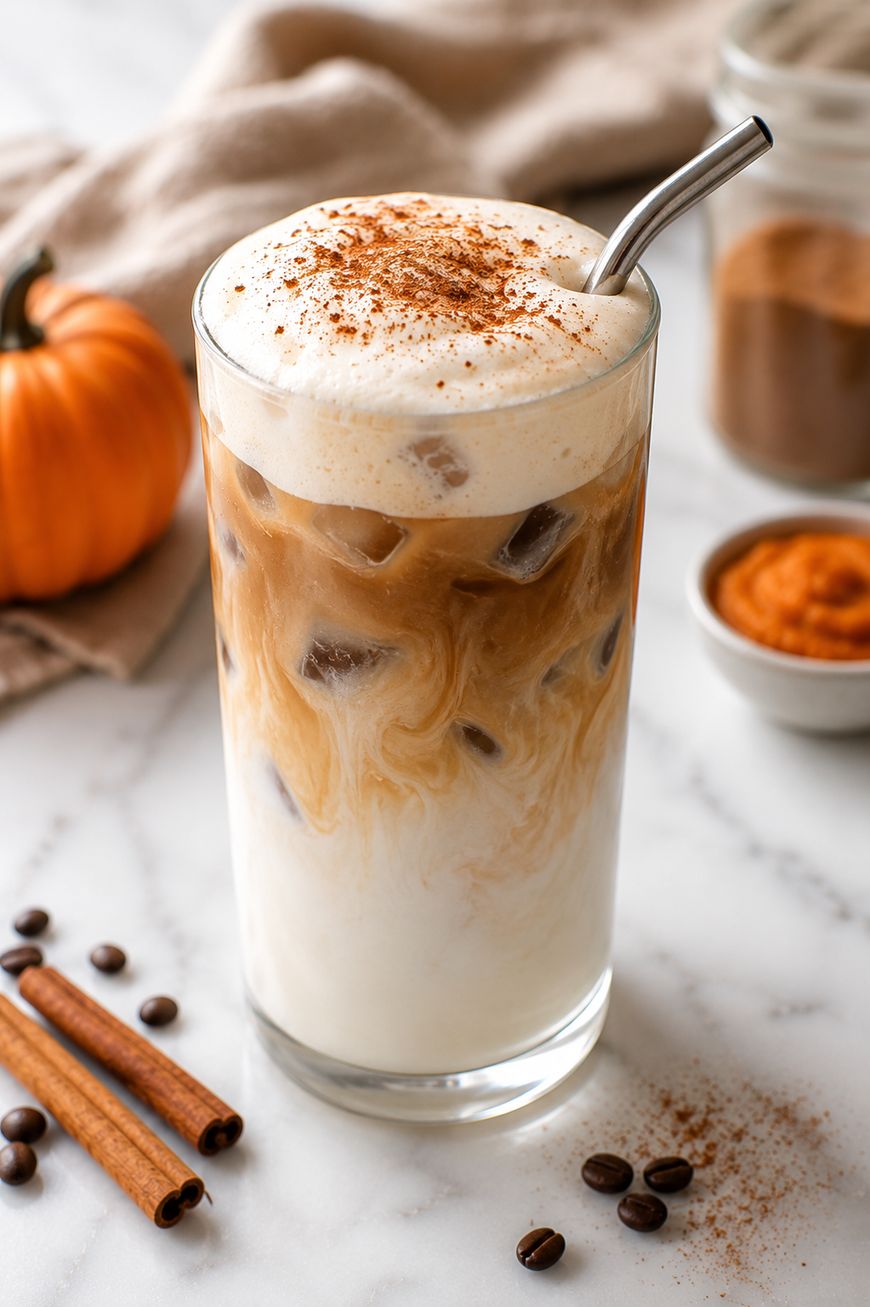 A glass of iced pumpkin spice latte with a metal straw, topped with frothy milk and cinnamon. Nearby are a pumpkin, cinnamon sticks, coffee beans, and a bowl of pumpkin puree.