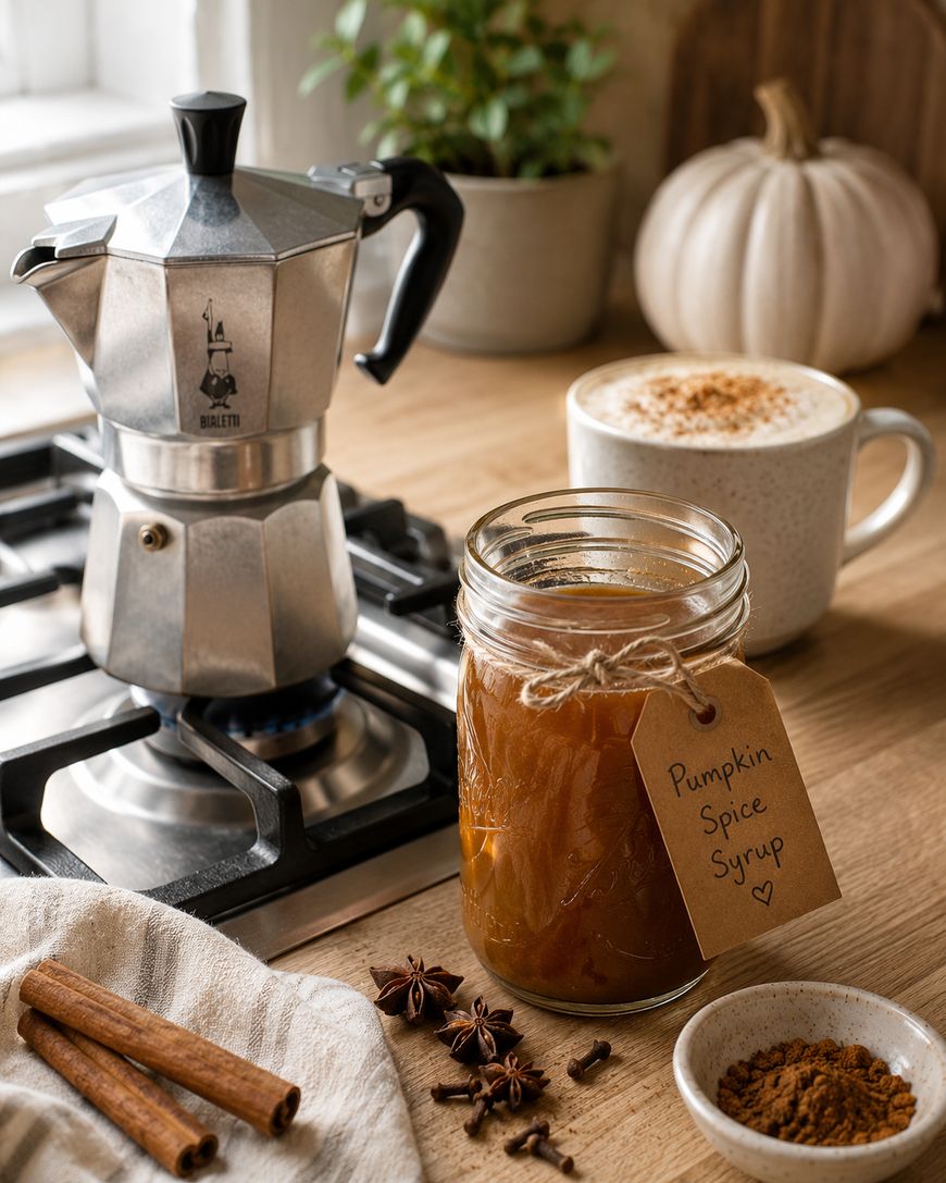 A jar labeled Pumpkin Spice Syrup sits on a table with cinnamon sticks, star anise, a moka pot on a stove, a cup of frothy coffee, and a white pumpkin in the background.