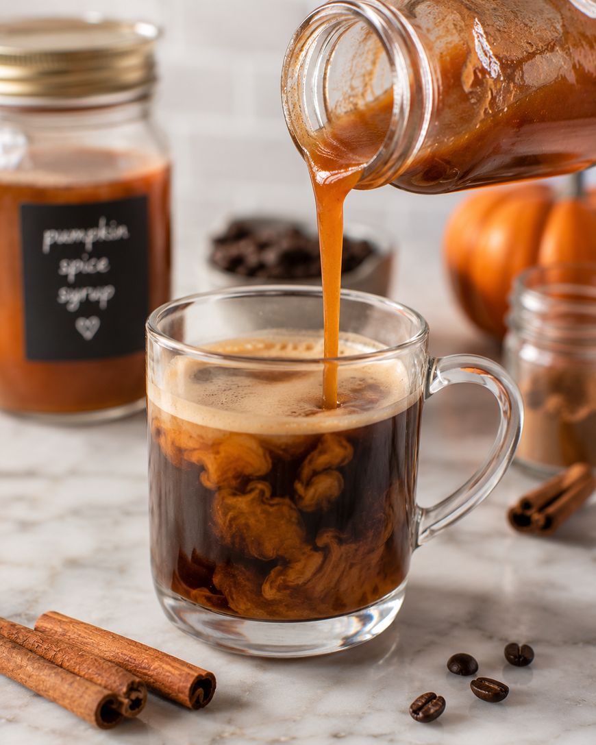 Pumpkin spice syrup is being poured into a glass mug of coffee. Cinnamon sticks, coffee beans, and a jar labeled pumpkin spice syrup are on the marble counter, with a pumpkin and spices in the blurred background.