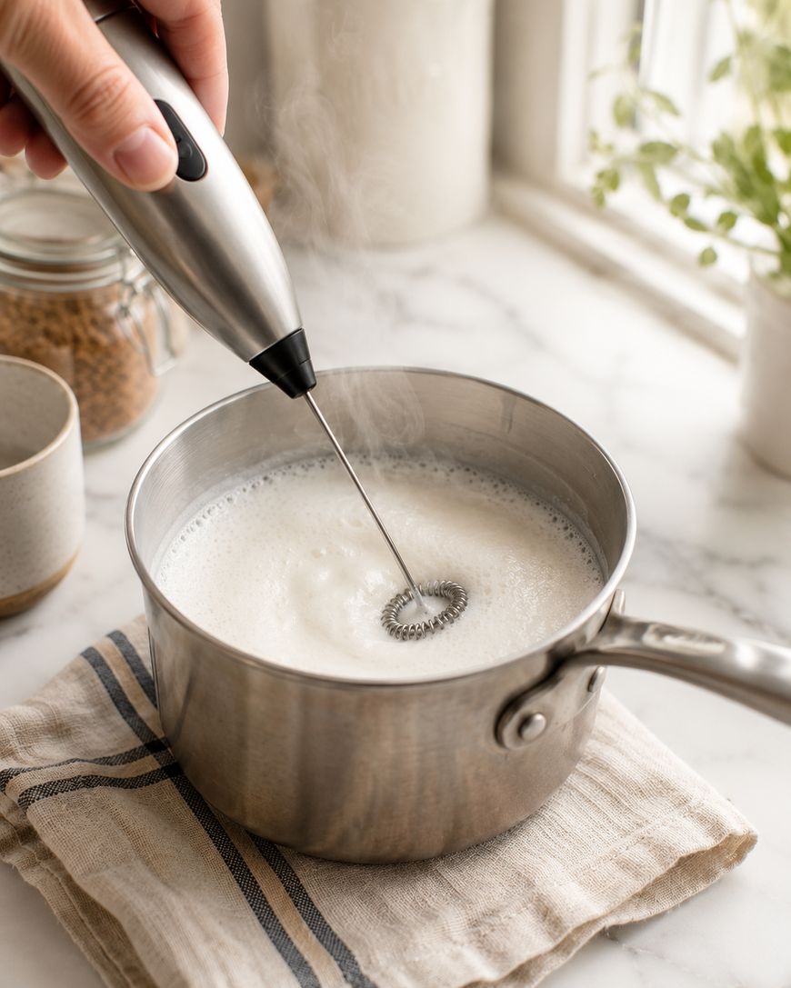 A hand uses a handheld milk frother to foam milk in a stainless steel saucepan on a cloth, with steam rising and a bright kitchen setting in the background.
