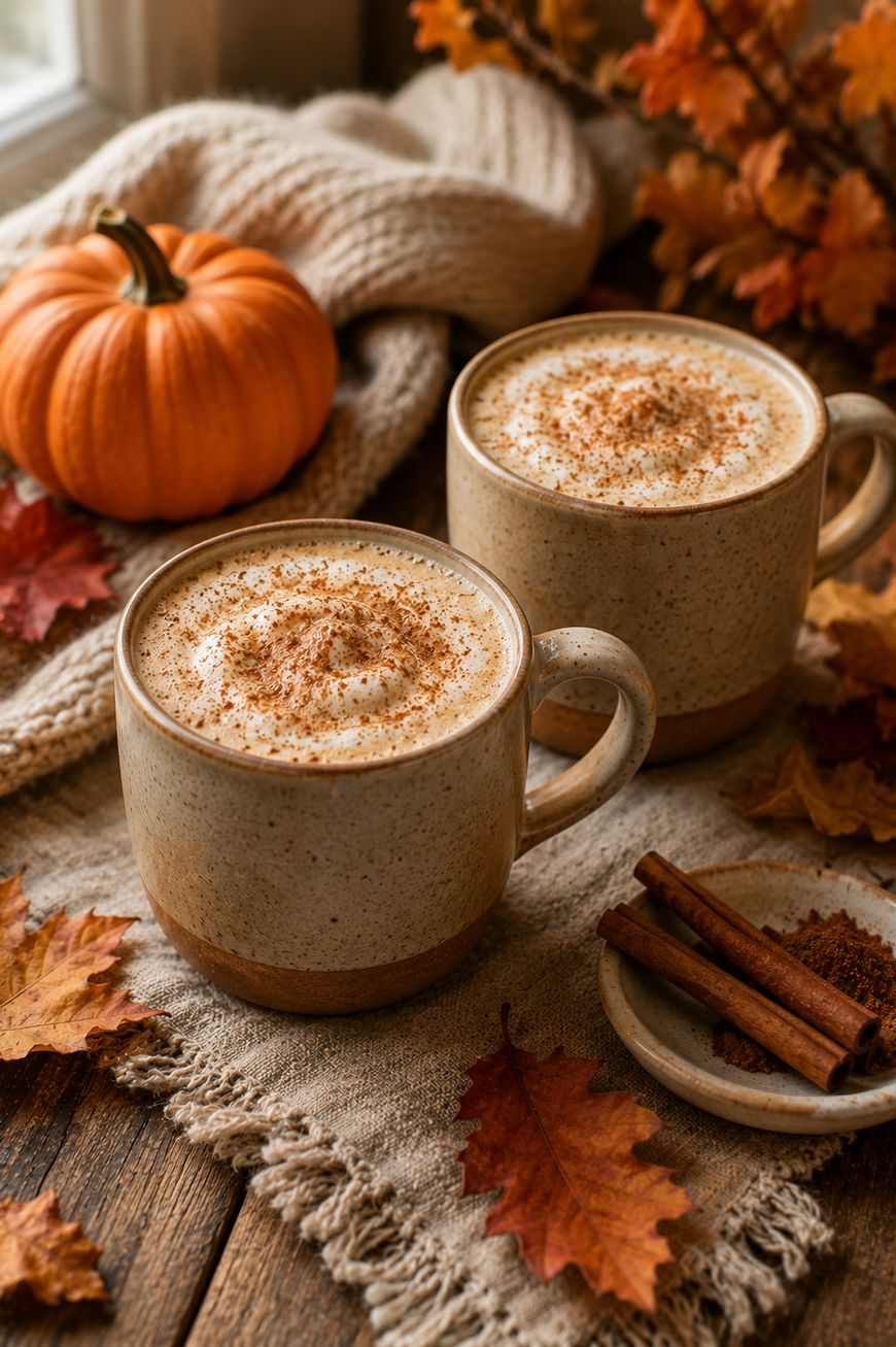 Two mugs of pumpkin spice latte topped with whipped cream and cinnamon sit on a cozy knitted cloth, surrounded by autumn leaves, a small pumpkin, and cinnamon sticks on a rustic wooden table.
