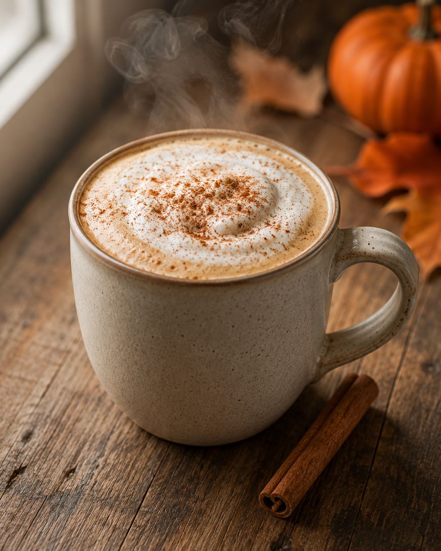 A steaming mug of frothy coffee topped with cinnamon sits on a wooden table, next to a cinnamon stick and a small pumpkin, evoking a cozy autumn atmosphere.