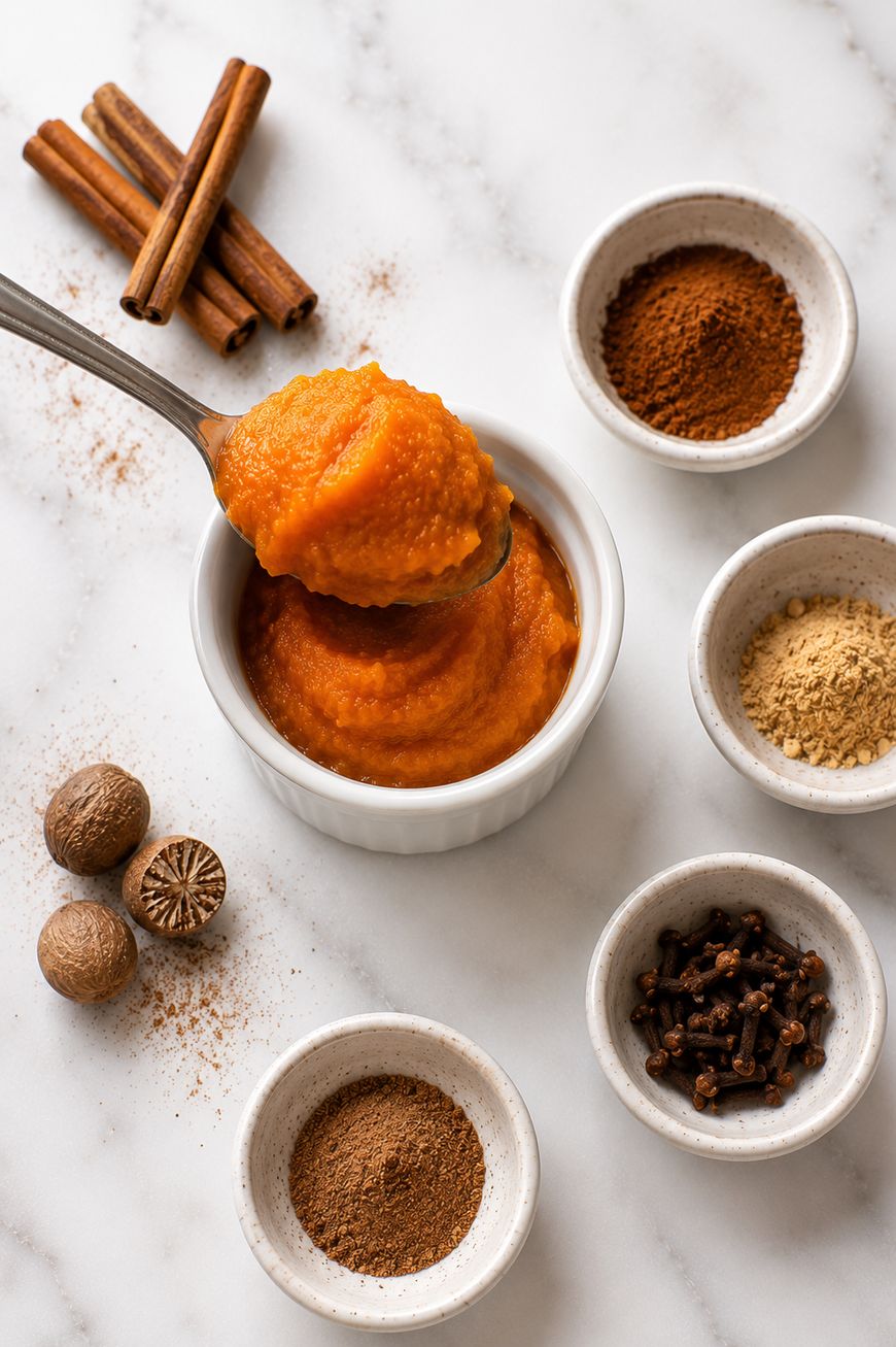 A spoon scoops pumpkin puree from a white ramekin, surrounded by bowls of ground cinnamon, ginger, nutmeg, cloves, and whole cinnamon sticks on a marble surface.