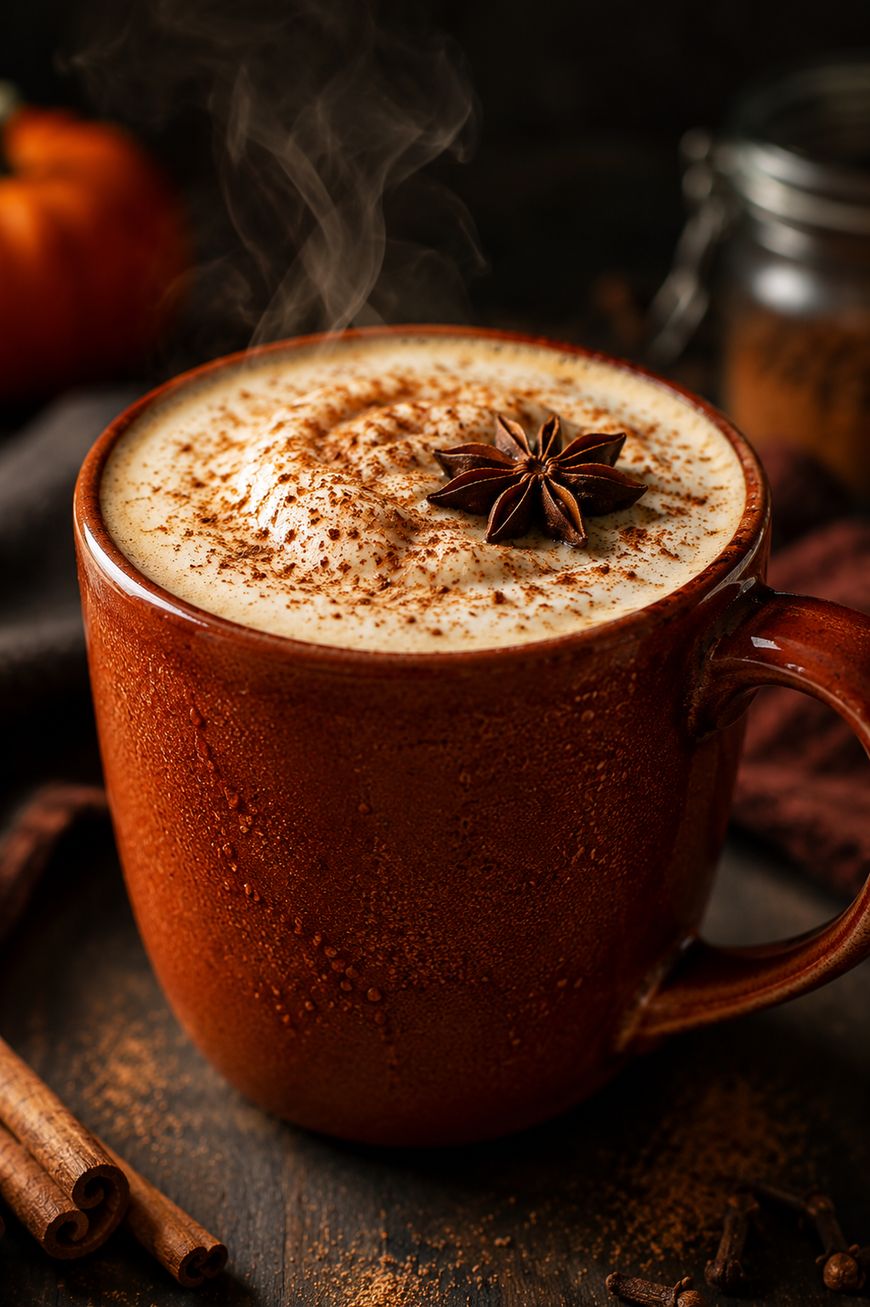 A steaming mug of frothy coffee topped with cinnamon and a star anise, beside cinnamon sticks, on a dark wooden surface.