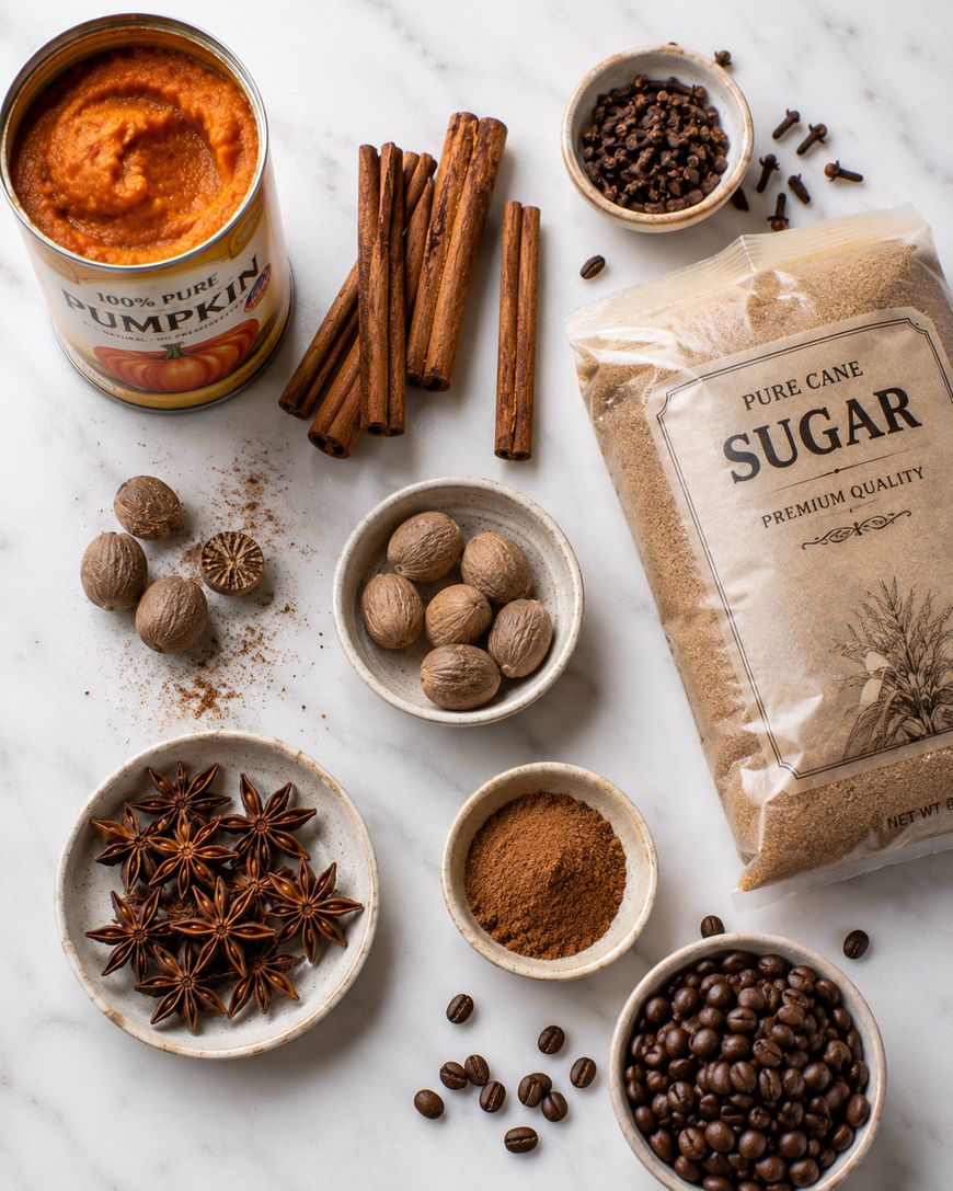 A can of pumpkin puree, cinnamon sticks, whole nutmeg, star anise, ground cinnamon, coffee beans, brown sugar, and whole cloves are arranged on a white marble surface.