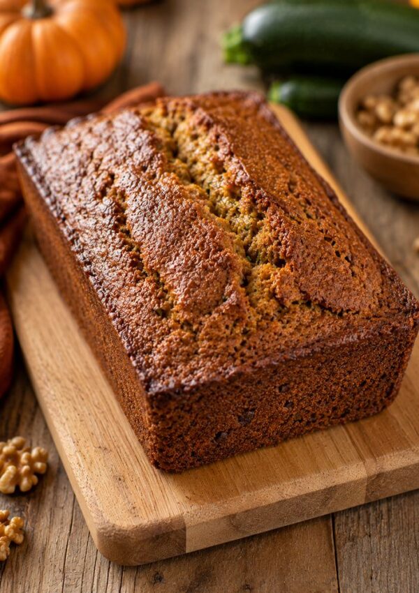 A freshly baked loaf of pumpkin zucchini bread sits on a wooden cutting board, surrounded by walnuts, a pumpkin, and zucchini on a rustic wooden table—a delicious scene that brings this pumpkin zucchini bread recipe to life.