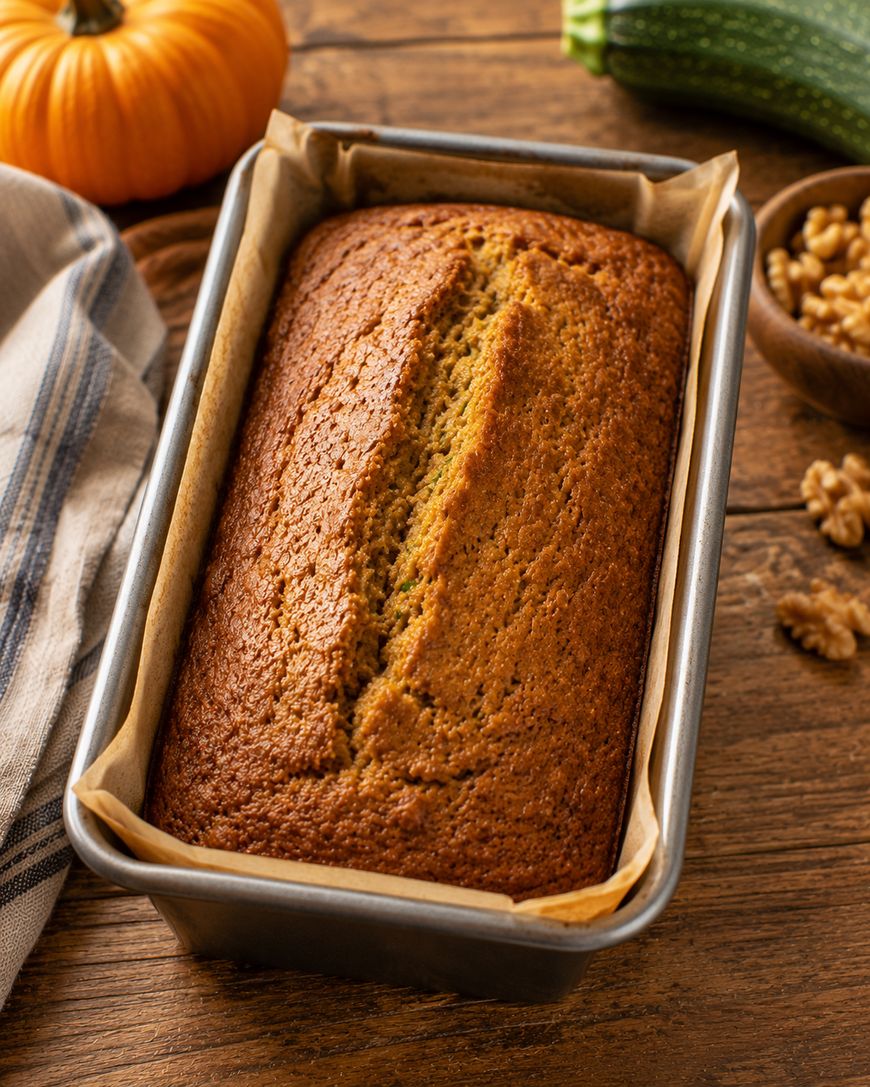 A loaf of zucchini bread in a parchment-lined baking pan sits on a wooden table, surrounded by a pumpkin, walnuts, and a striped cloth.