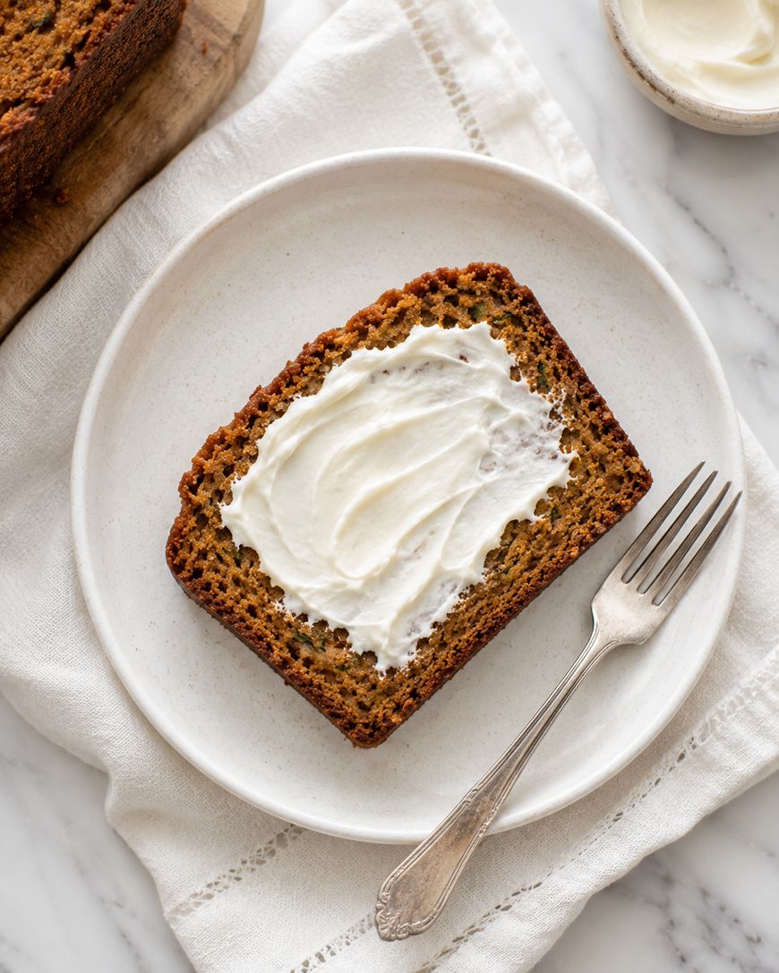 A slice of banana bread with a layer of cream cheese spread on top, served on a white plate with a fork, resting on a folded cloth napkin.