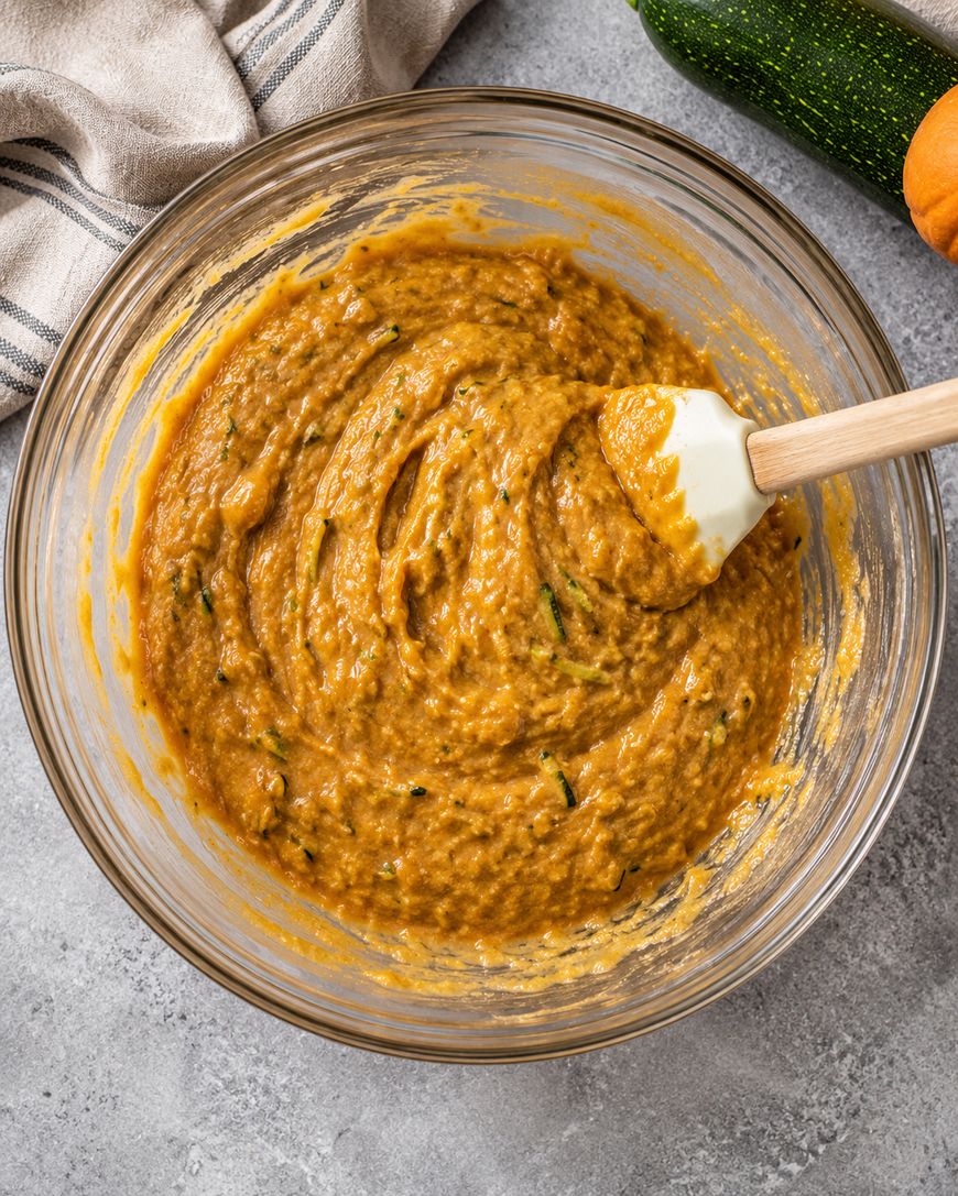 A glass bowl filled with orange batter being mixed with a spatula, surrounded by a striped towel, zucchini, and an orange vegetable on a gray surface.