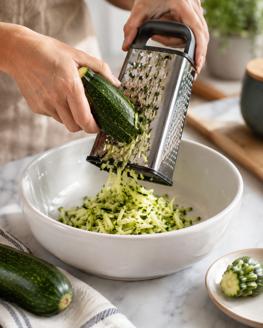 A person grates a zucchini over a large white bowl. Shredded zucchini collects in the bowl, with a whole zucchini and a striped towel nearby on a marble countertop.