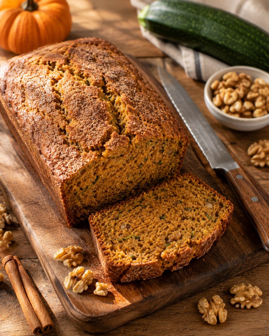 A sliced loaf of zucchini bread sits on a wooden board with a knife, walnuts, cinnamon sticks, a zucchini, and a small pumpkin nearby. Warm natural light highlights the golden-brown crust.