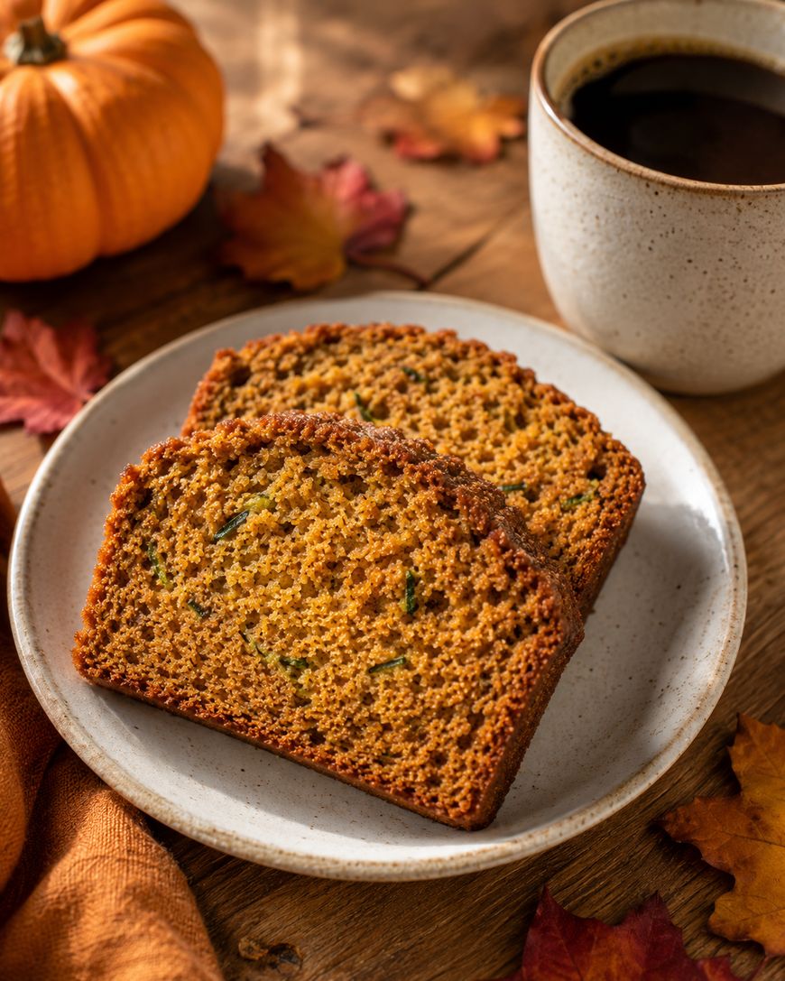 Two slices of pumpkin bread on a white plate with a cup of black coffee nearby, surrounded by autumn leaves and a small pumpkin on a wooden table.