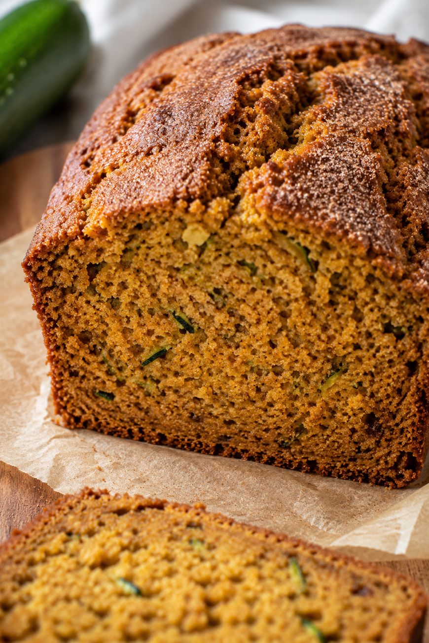 Close-up of a loaf of zucchini bread with a golden-brown crust, partially sliced to reveal a moist, speckled interior on a piece of parchment paper.